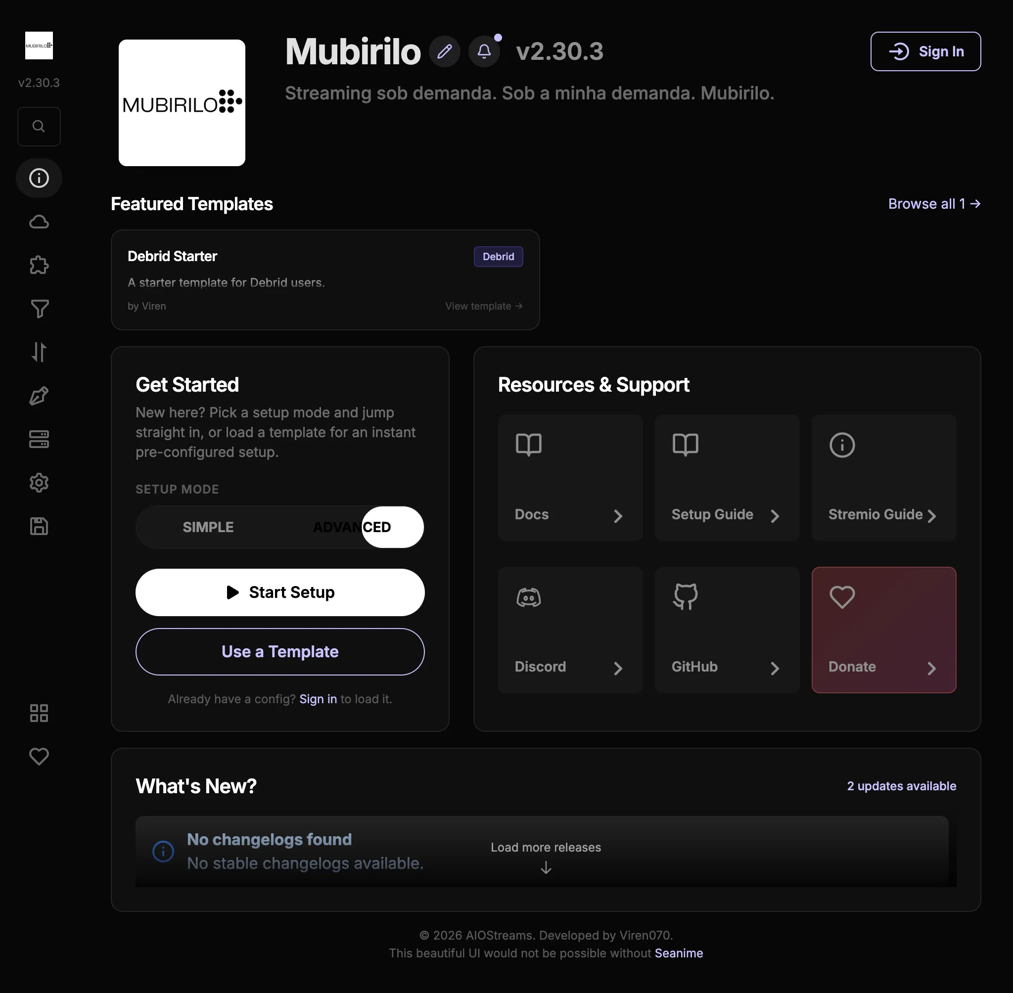 Tela de configuração do AIOStreams com as fontes e os filtros