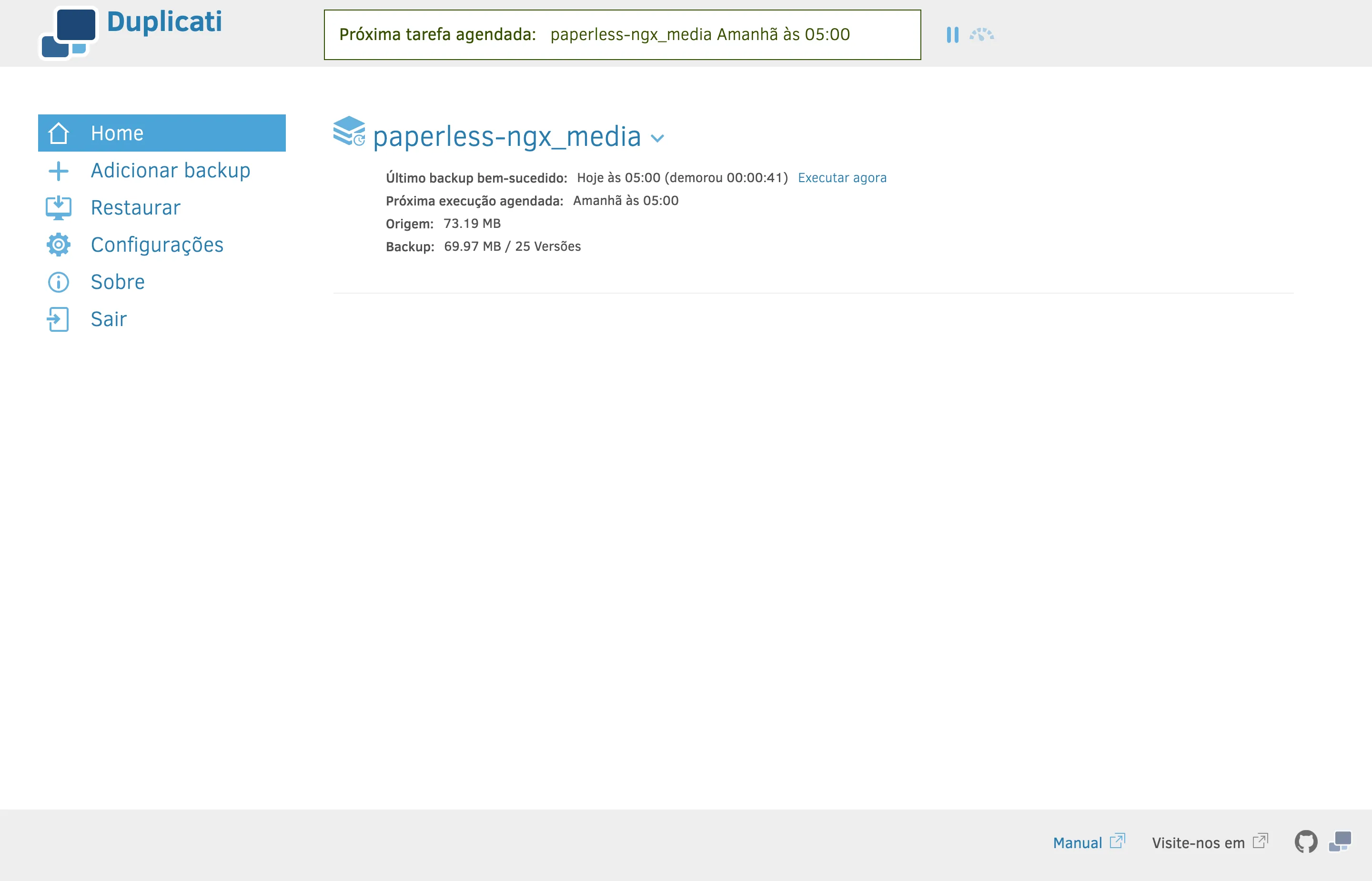 Duplicati com o backup do Paperless configurado