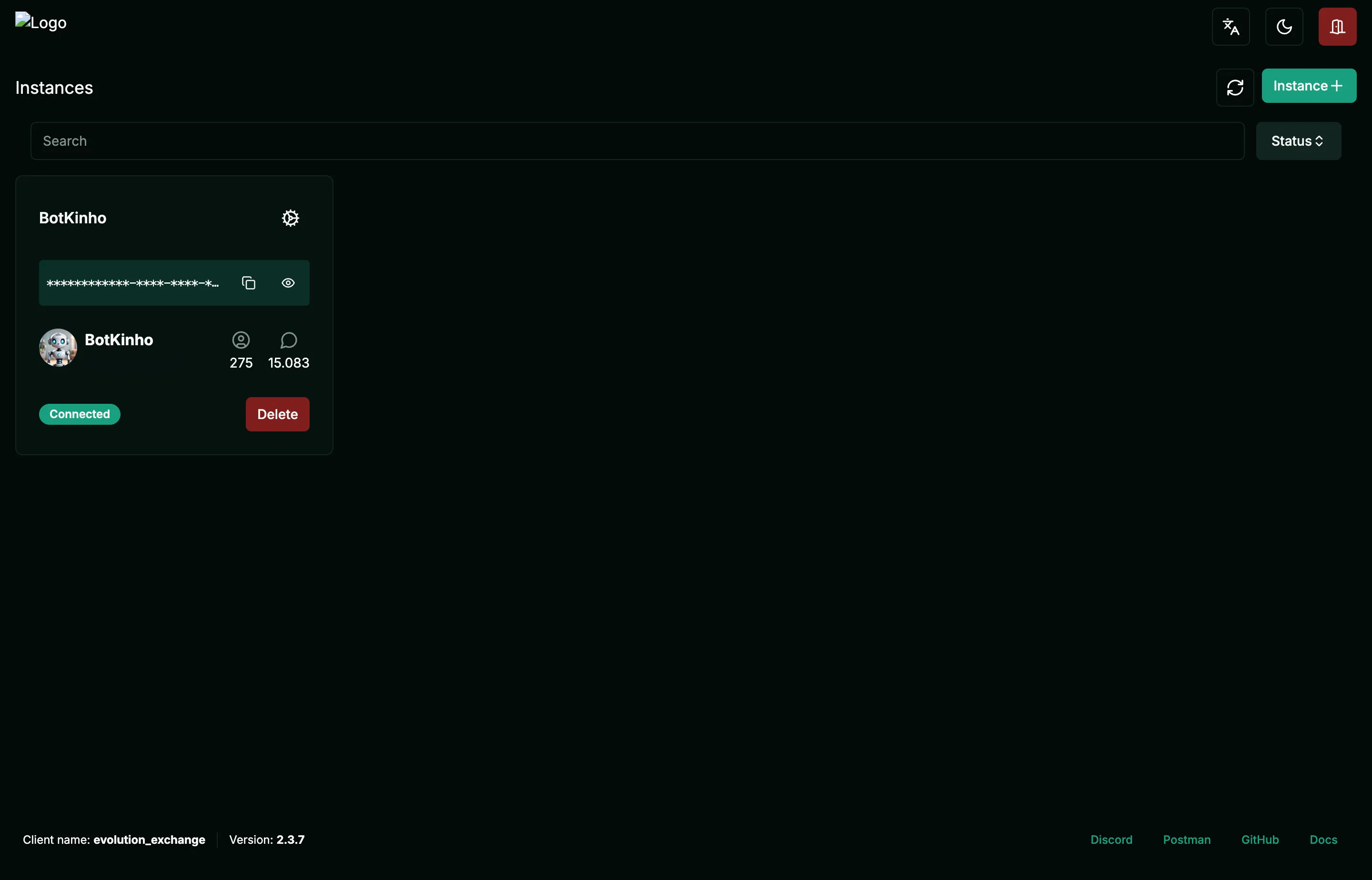 Painel da Evolution API com a instância do WhatsApp conectada