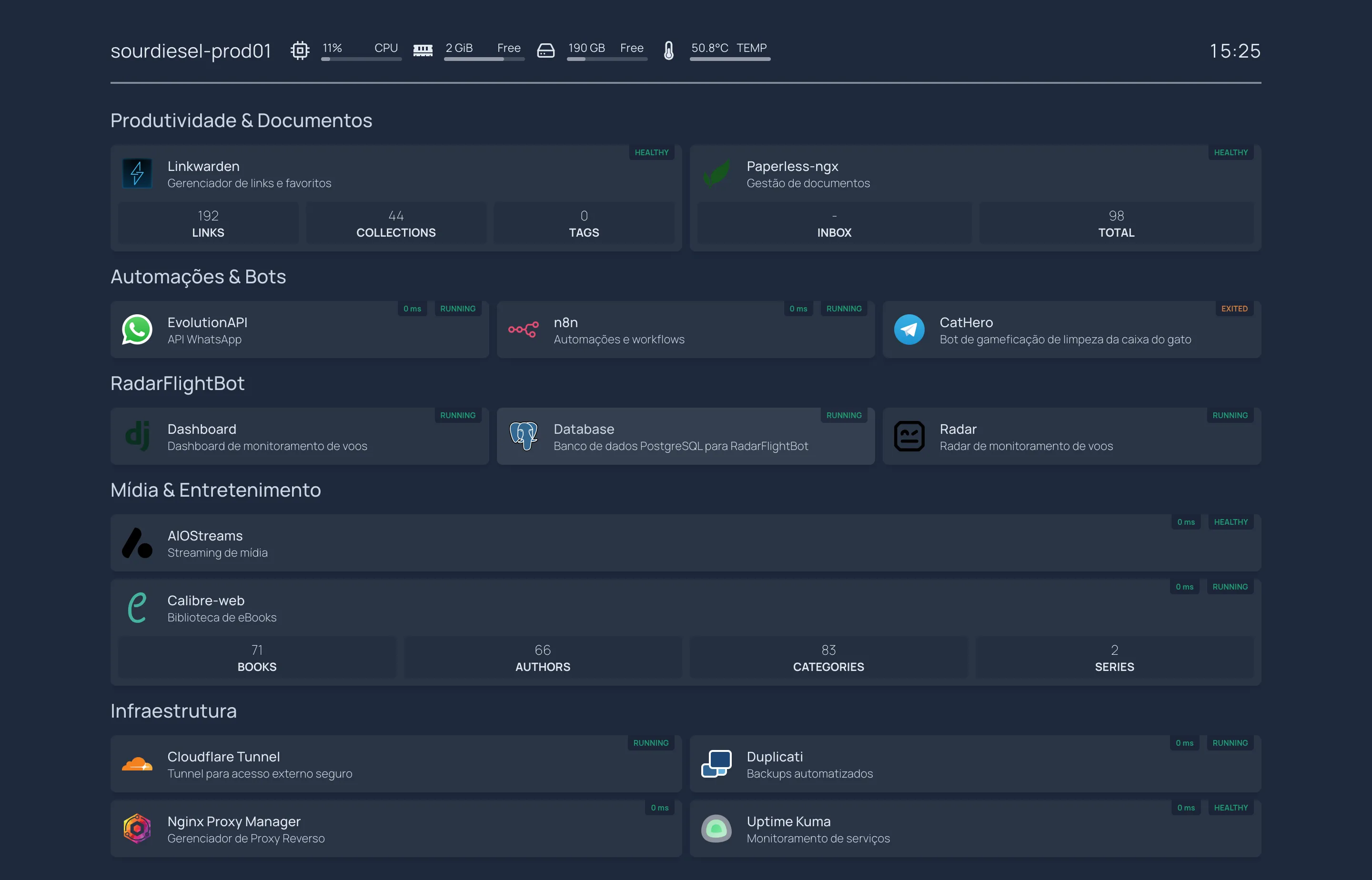 Painel do Homepage com uso de CPU, memória, espaço no SSD, temperatura e os atalhos dos serviços