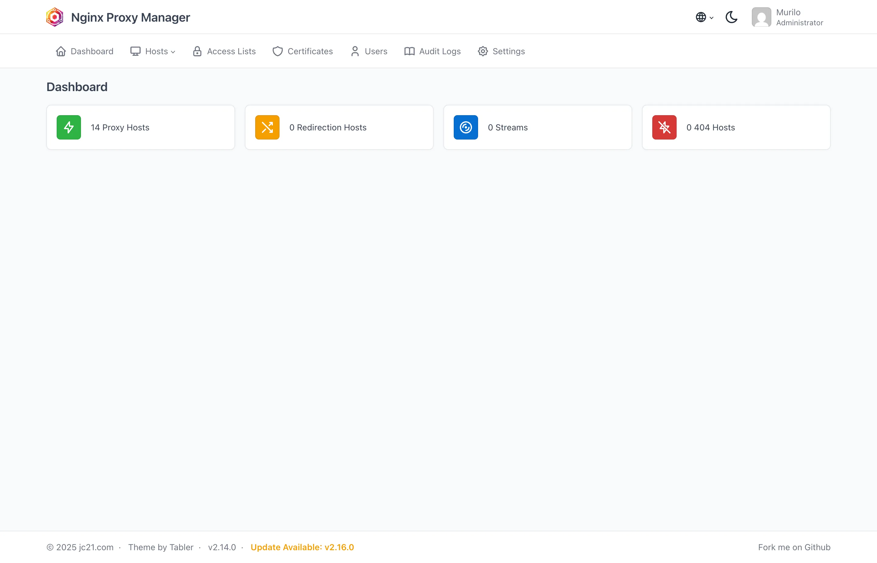 Nginx Proxy Manager com os hosts dos serviços e os certificados SSL