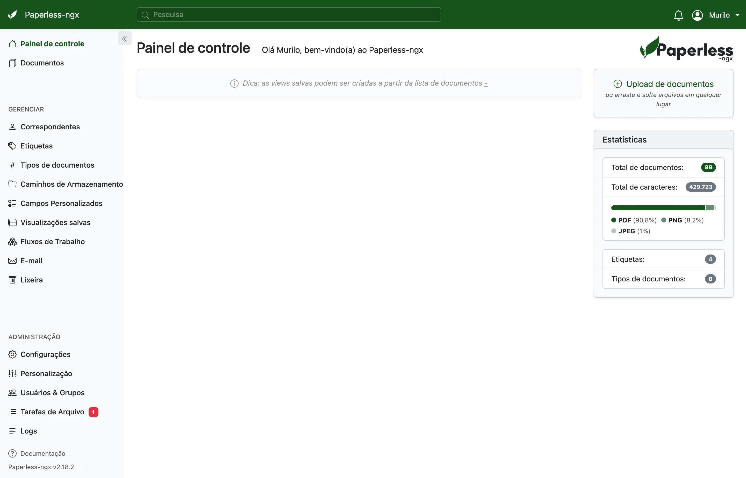 Paperless-ngx com documentos organizados por tags