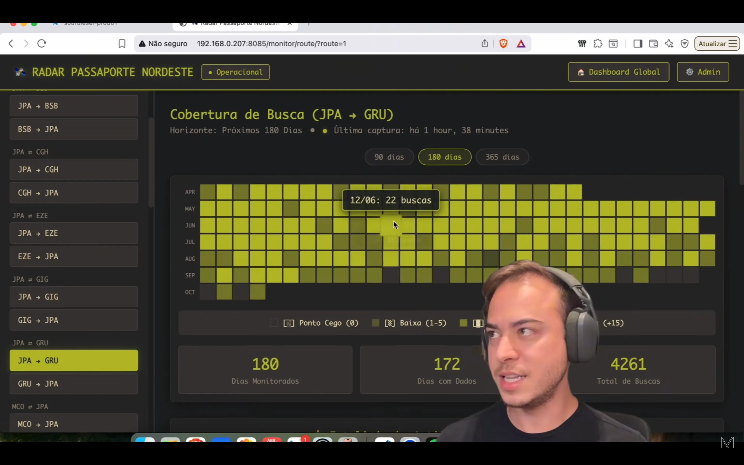 Janela de consulta do RadarFlightBot, com o intervalo de períodos pesquisado